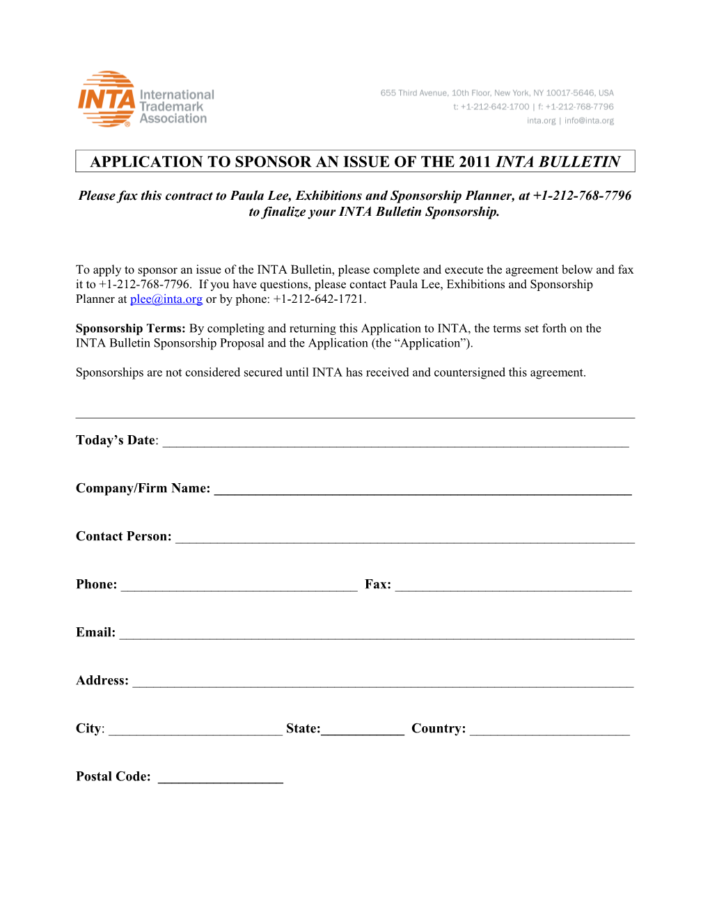 Application to Sponsor an Issue of the 2011Inta Bulletin