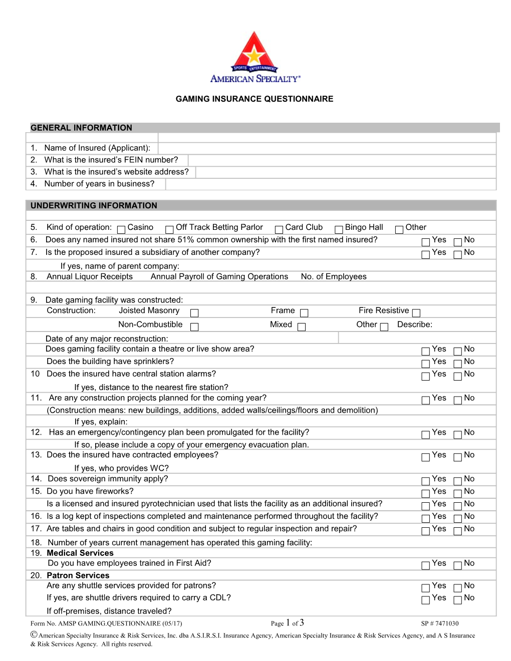 Gaming Insurance Questionnaire