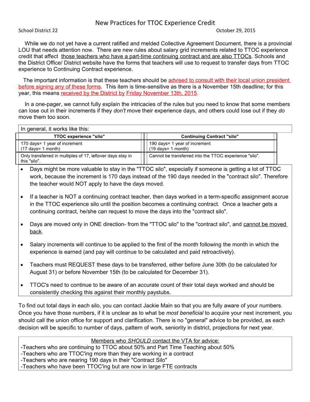 New Practices for TTOC Experience Credit