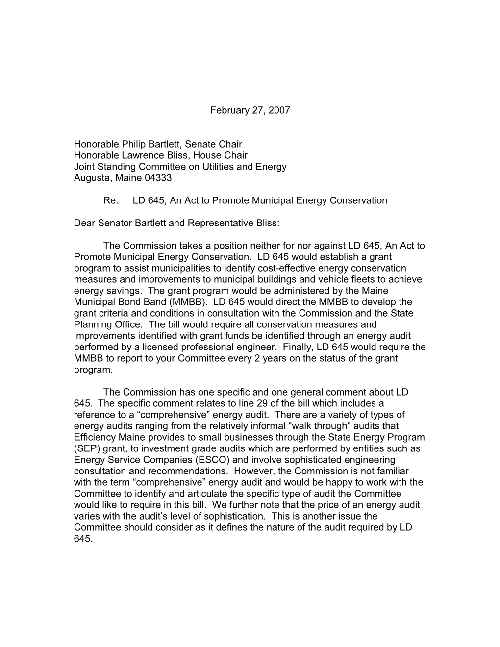 LD 645 Testimony from MPUC1 February 27, 2007