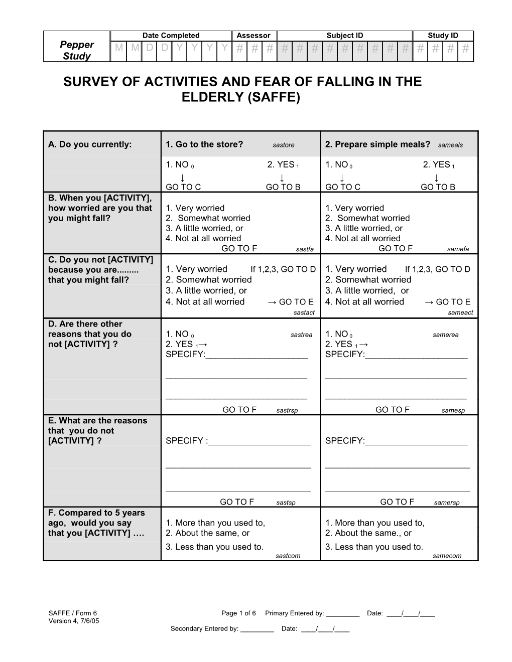 Survey of Activities and Fear of Falling in the Elderly (Saffe)