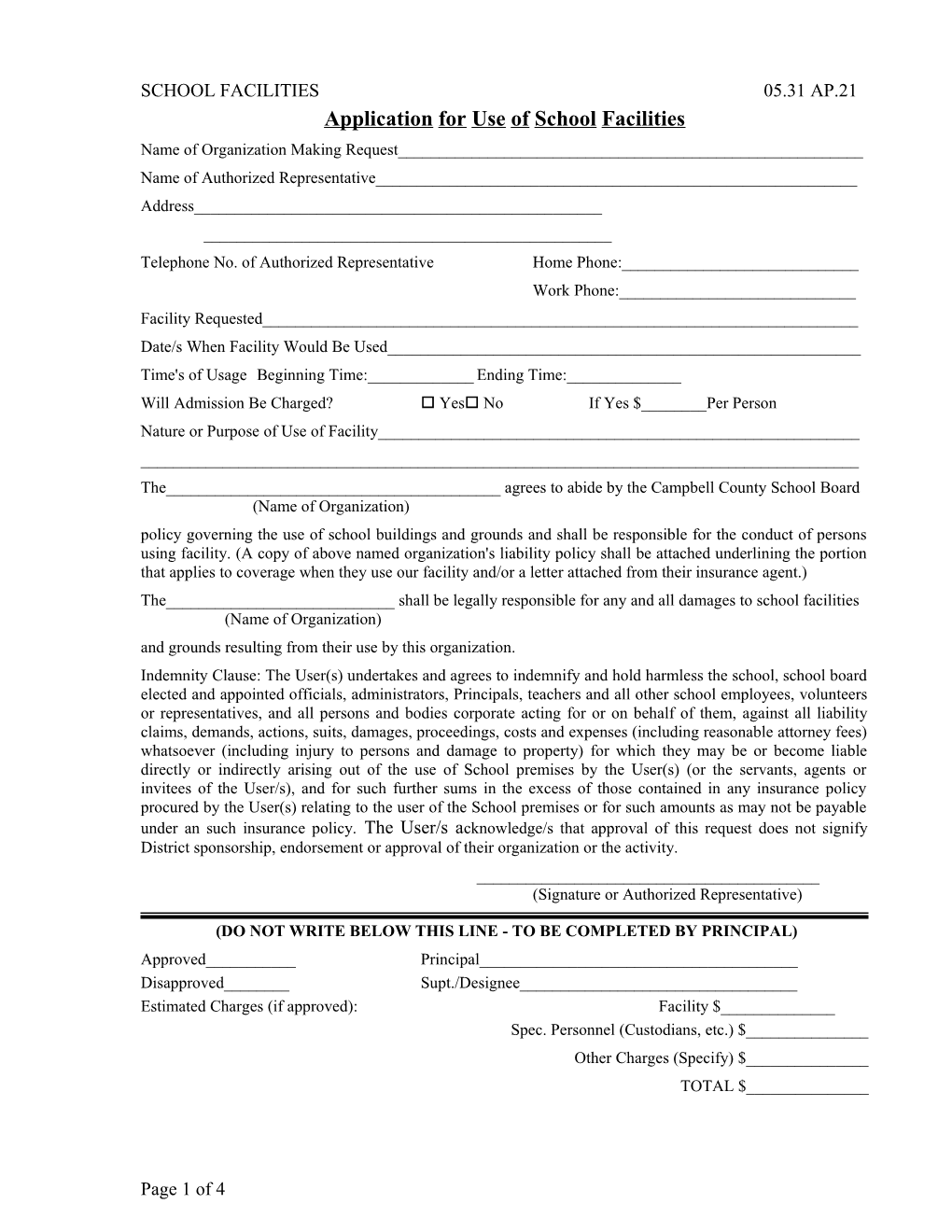 Application for Use of School Facilities