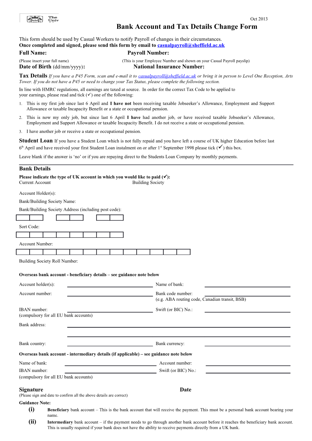 Bank Account and Tax Details Change Form