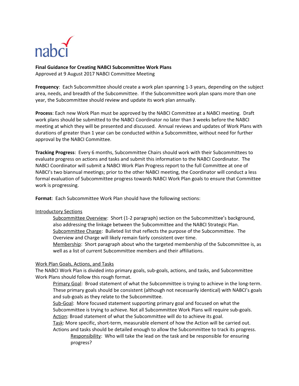 Final Guidance for Creating NABCI Subcommittee Work Plans
