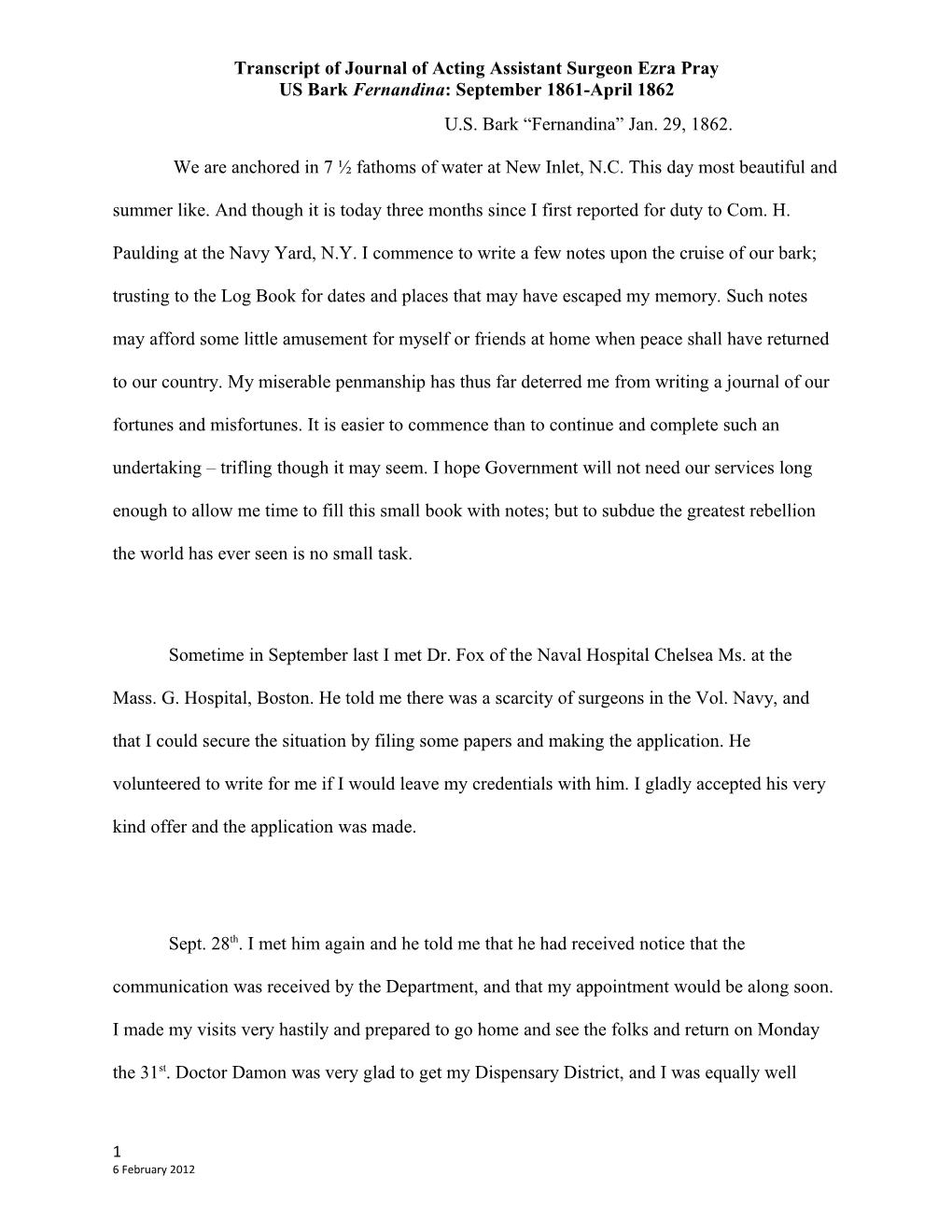 Transcript of Journal of Acting Assistant Surgeon Ezra Pray