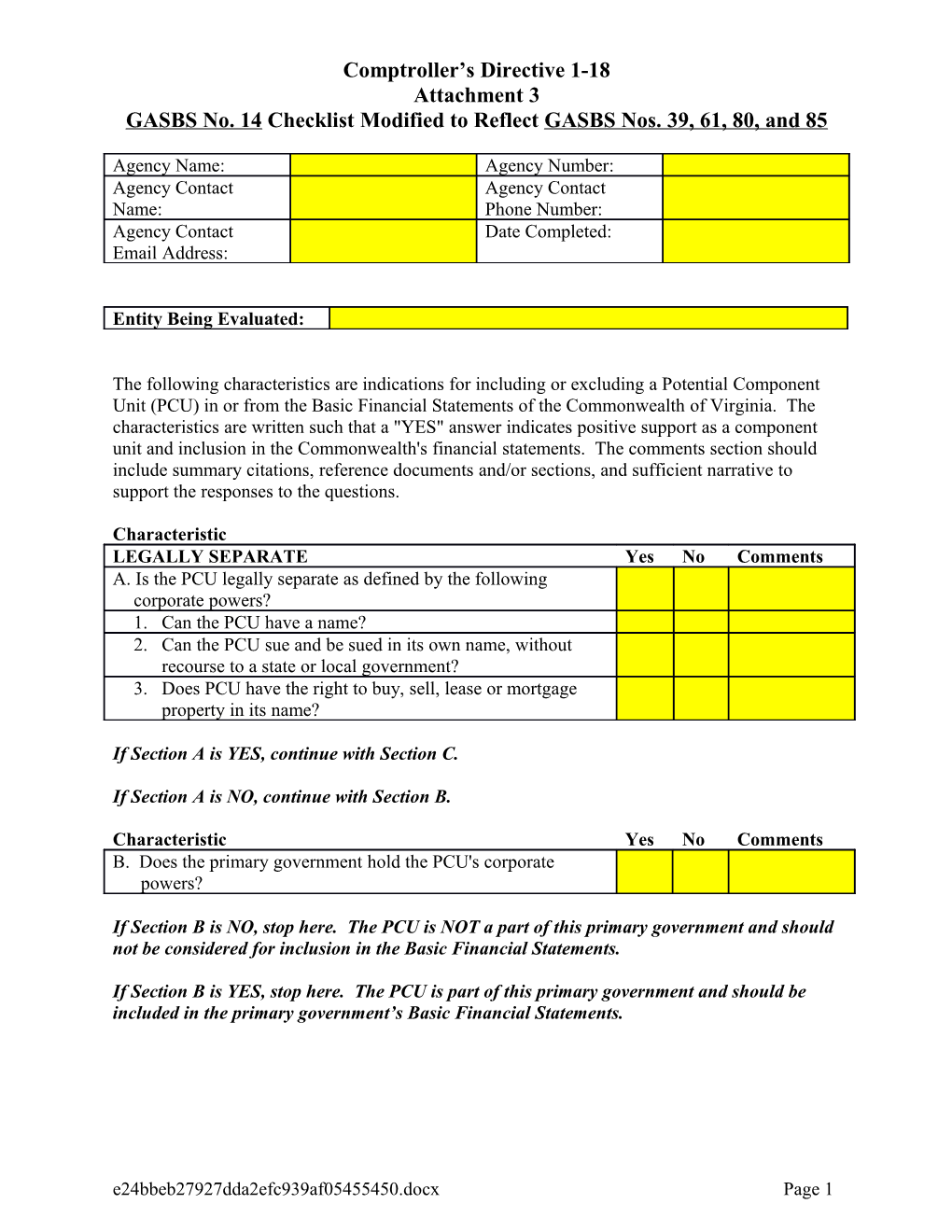 GASBS No. 14 Checklist Modified to Reflect GASBS Nos. 39,61, 80, and 85