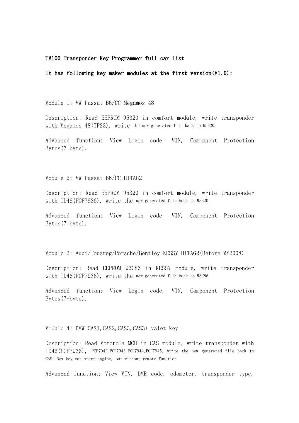 TM100 Transponder Key Programmer Full Car List