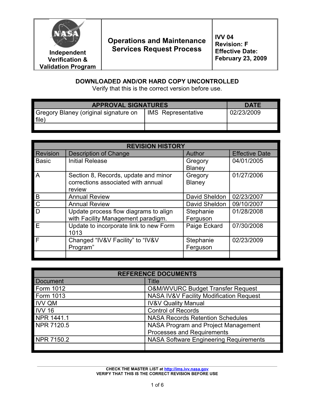 Operations and Maintenance Services Request Process