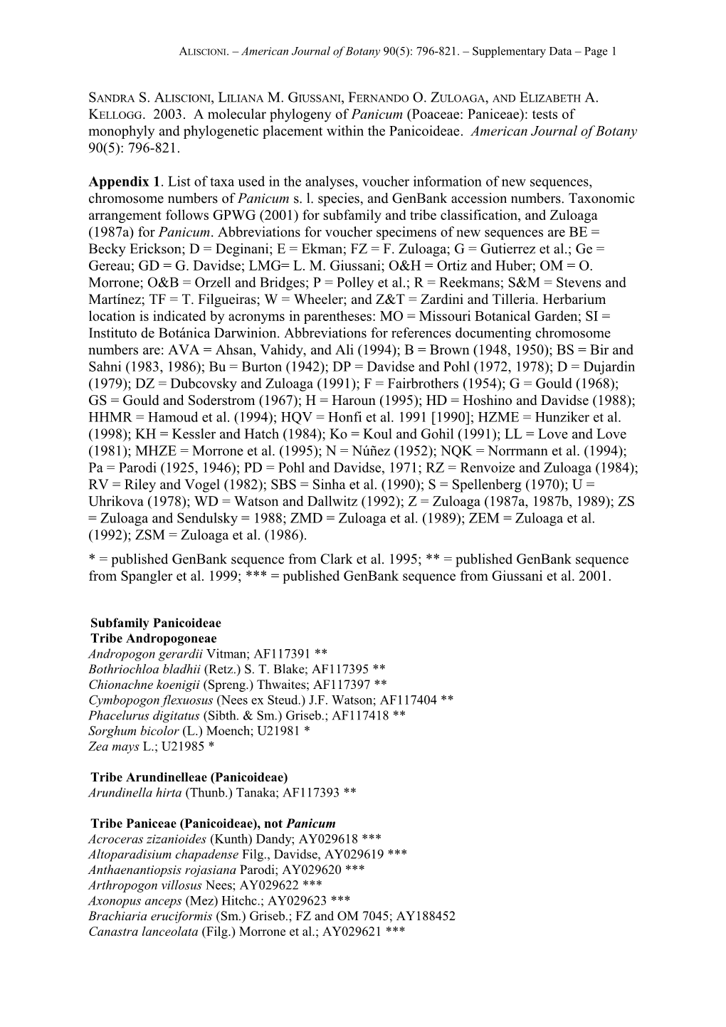 Aliscioni. American Journal of Botany 90(5): 796-821. Supplementary Data Page 1