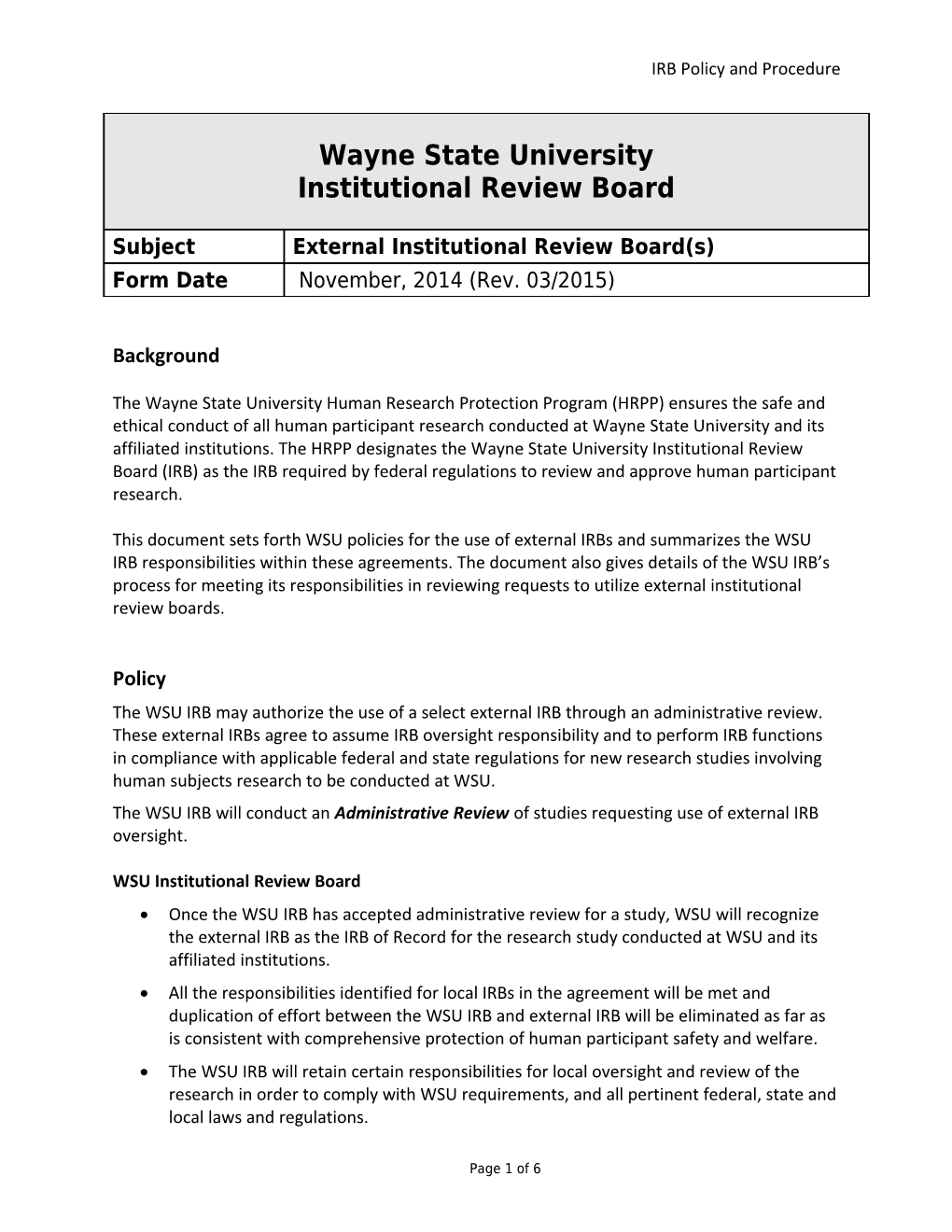 WSU Institutional Review Board