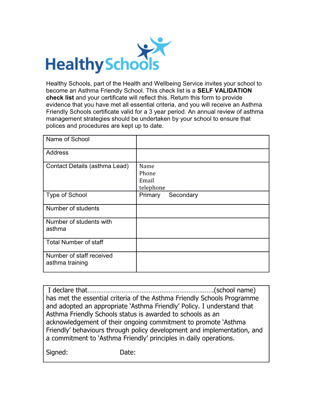 Healthy Schools, Part of the Health and Wellbeing Service Invites Your School to Become