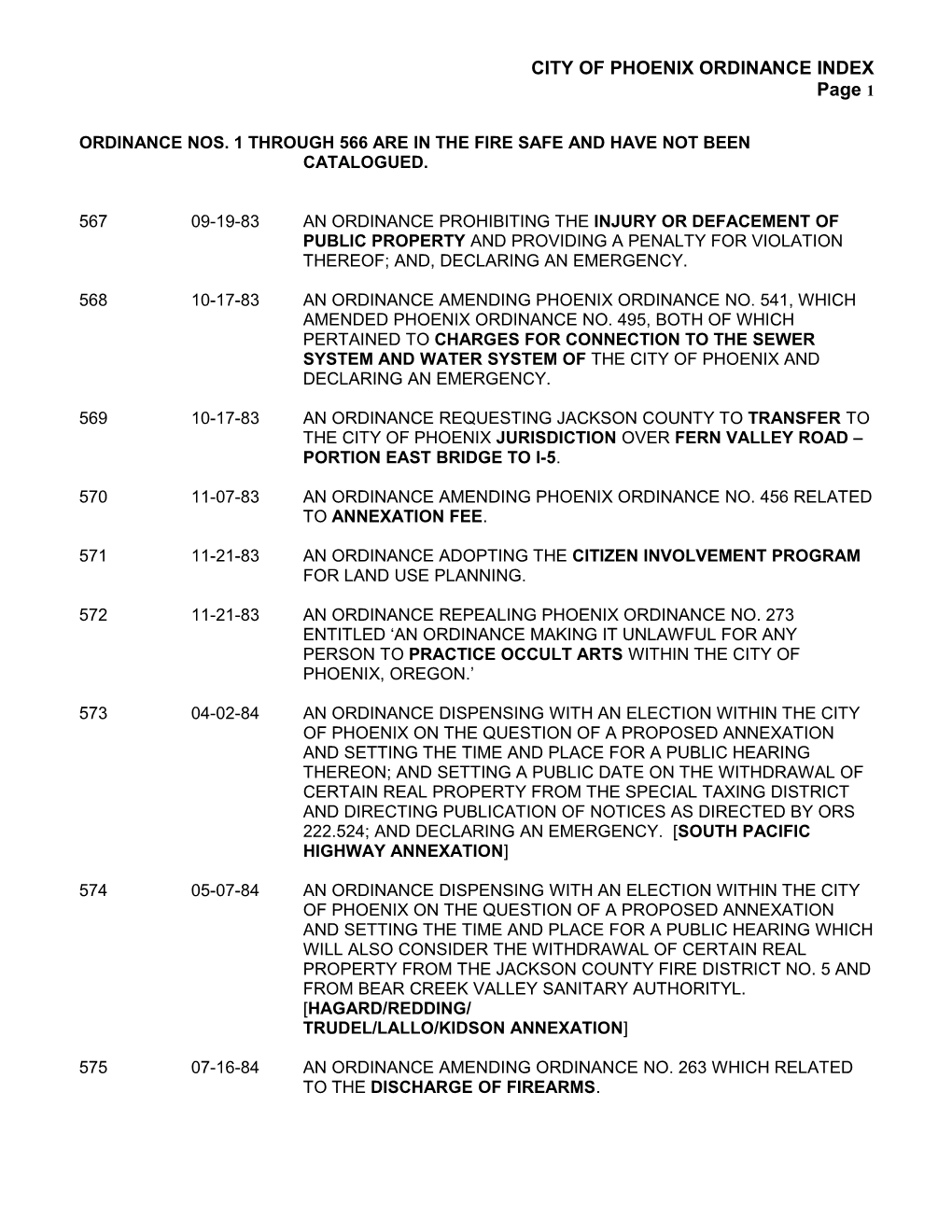 City of Phoenix Ordinance Index