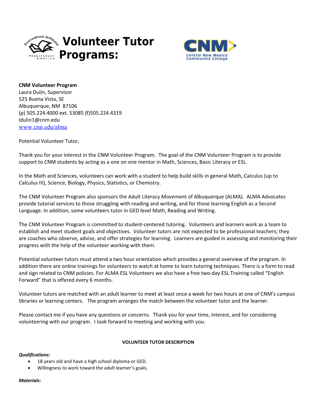 CNM Volunteer Program