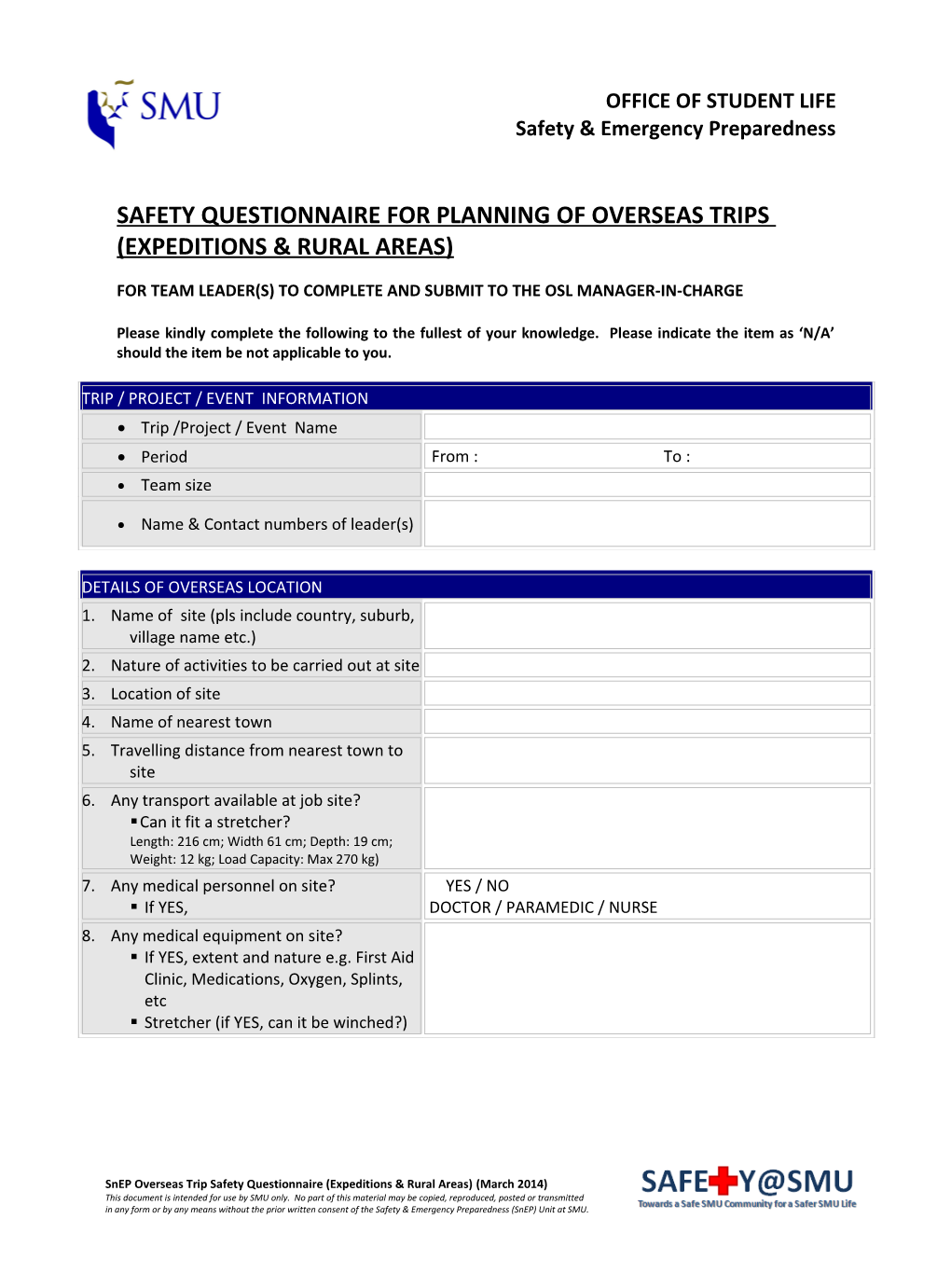 Safety Questionnaire for Planning of Overseas Trips (Expeditions & Rural Areas)