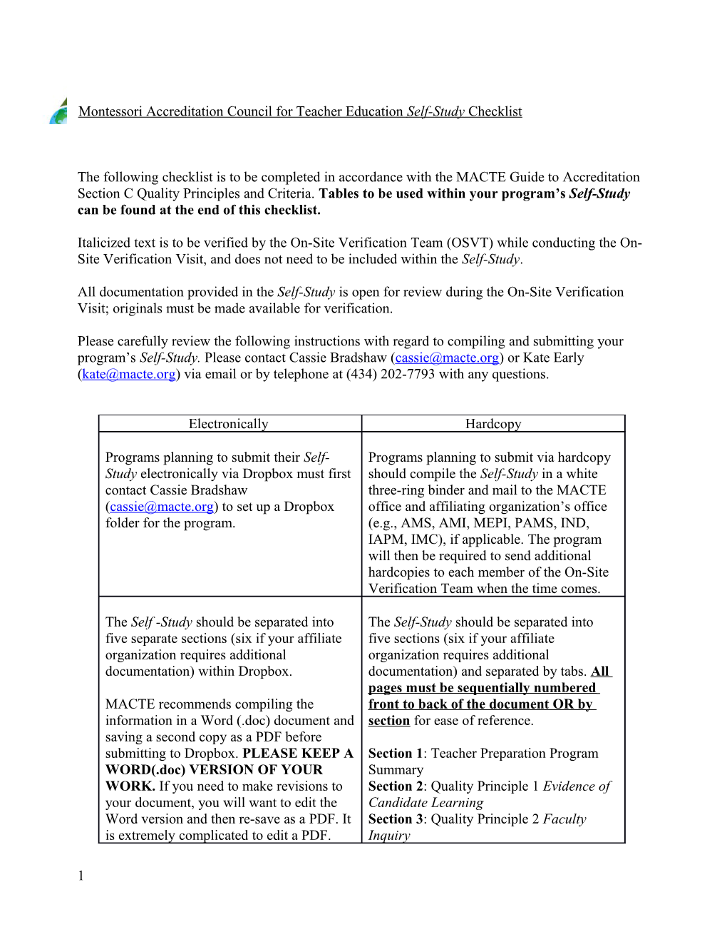 Montessori Accreditation Council for Teacher Education Self-Study Checklist