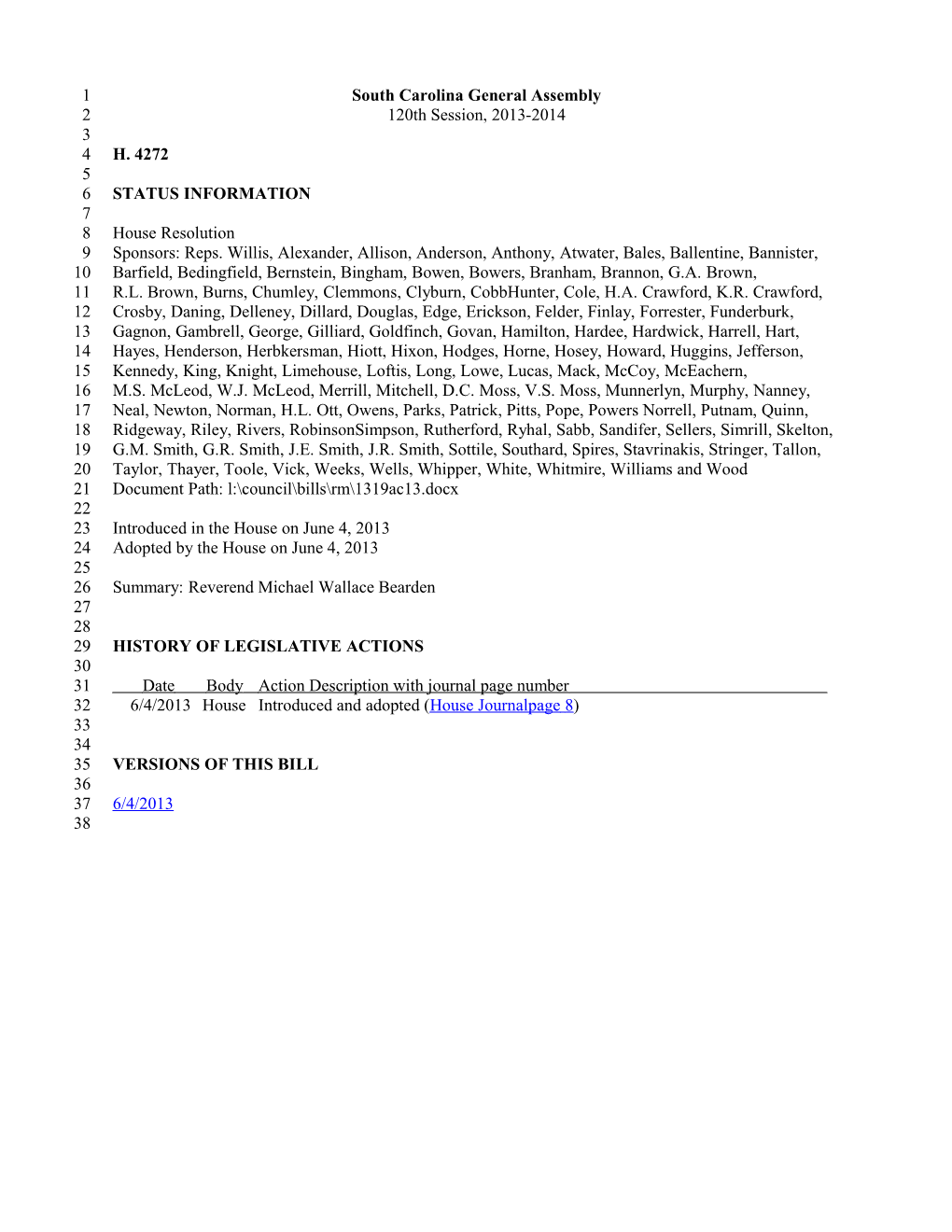 2013-2014 Bill 4272: Reverend Michael Wallace Bearden - South Carolina Legislature Online