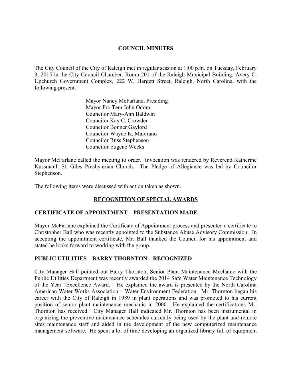 Raleigh City Council Minutes - 02/03/2015