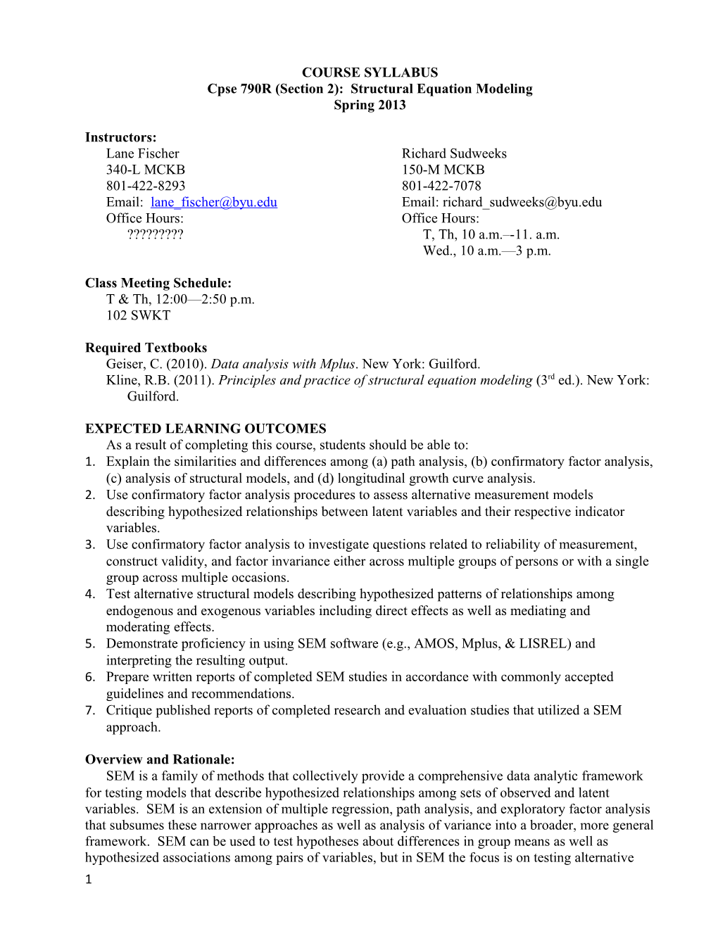 Cpse 790R (Section 2): Structural Equation Modeling