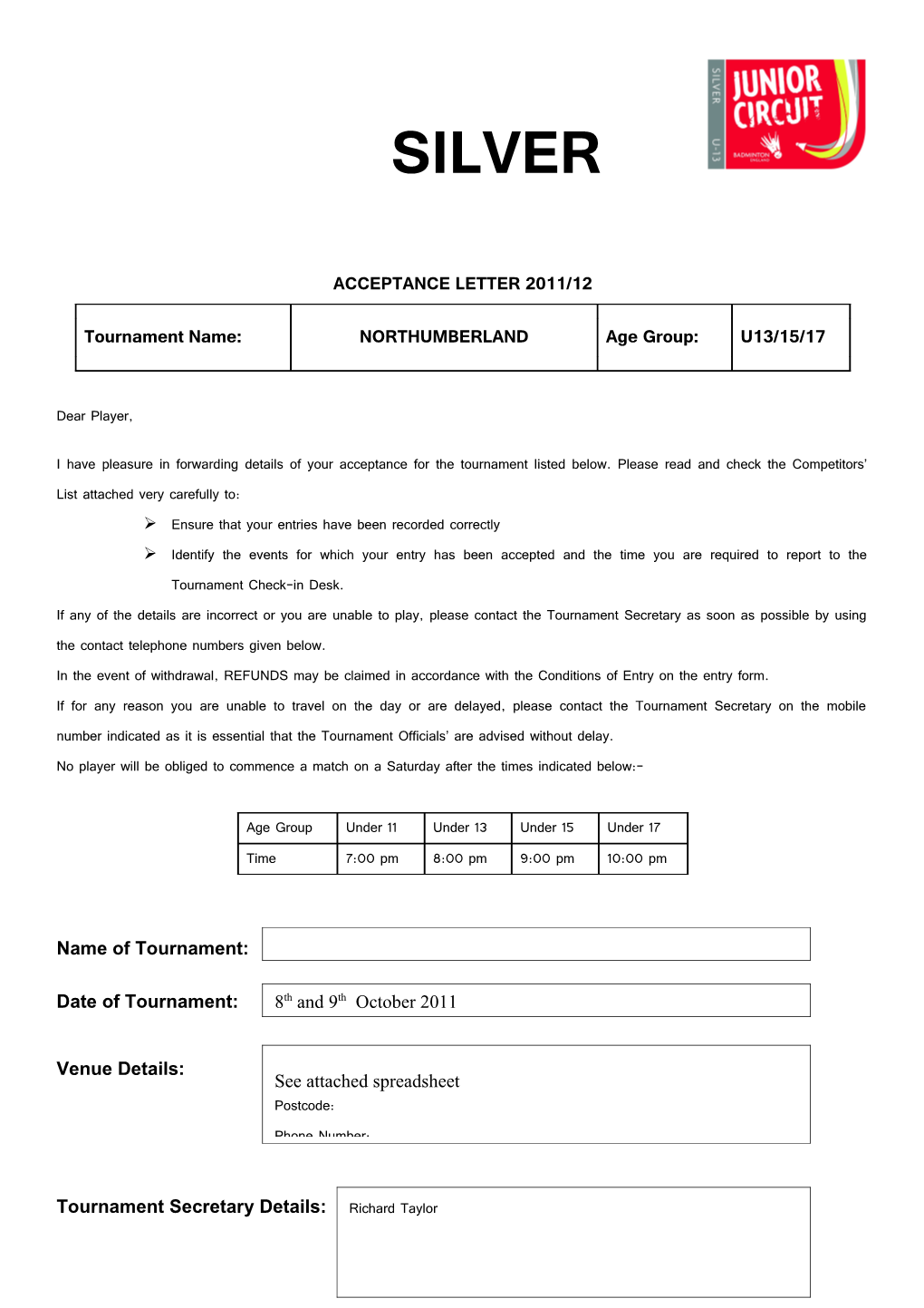 BADMINTON England Gold Acceptance Notice