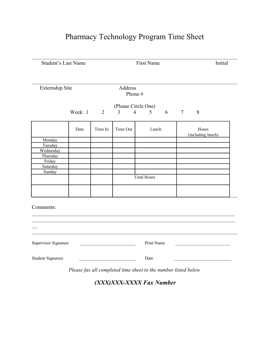 Pharmacy Technology Program Time Sheet