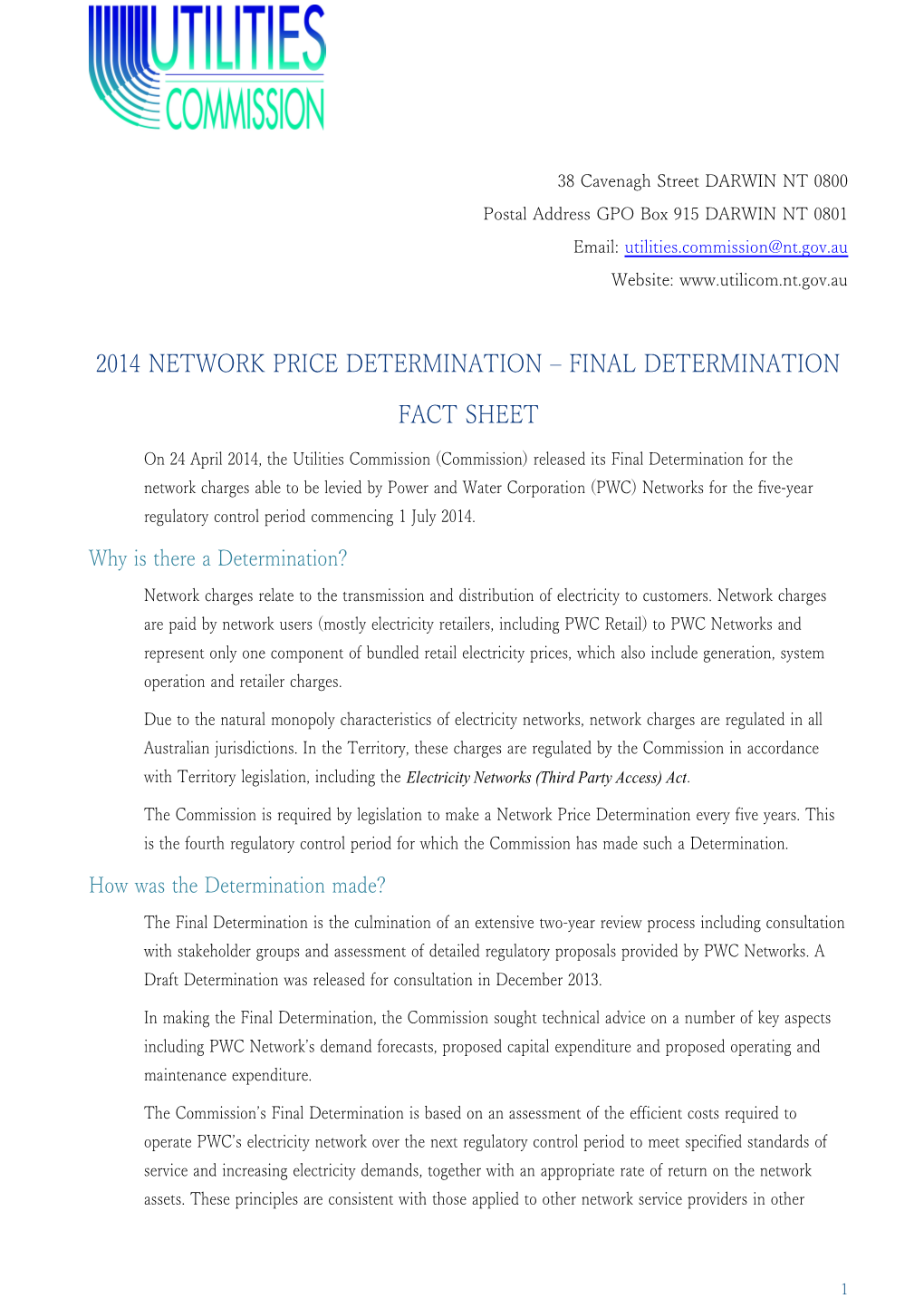 2014 Network Price Determination Fact Sheet