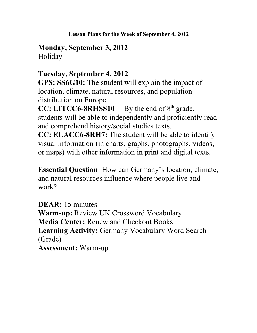 Lesson Plans for the Week of September 4, 2012