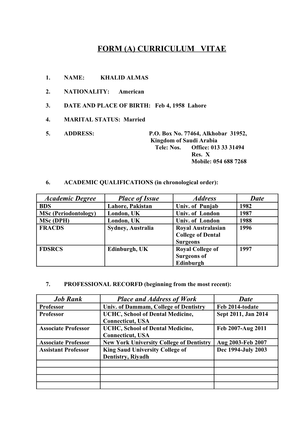 Form (A) Curriculum Vitae