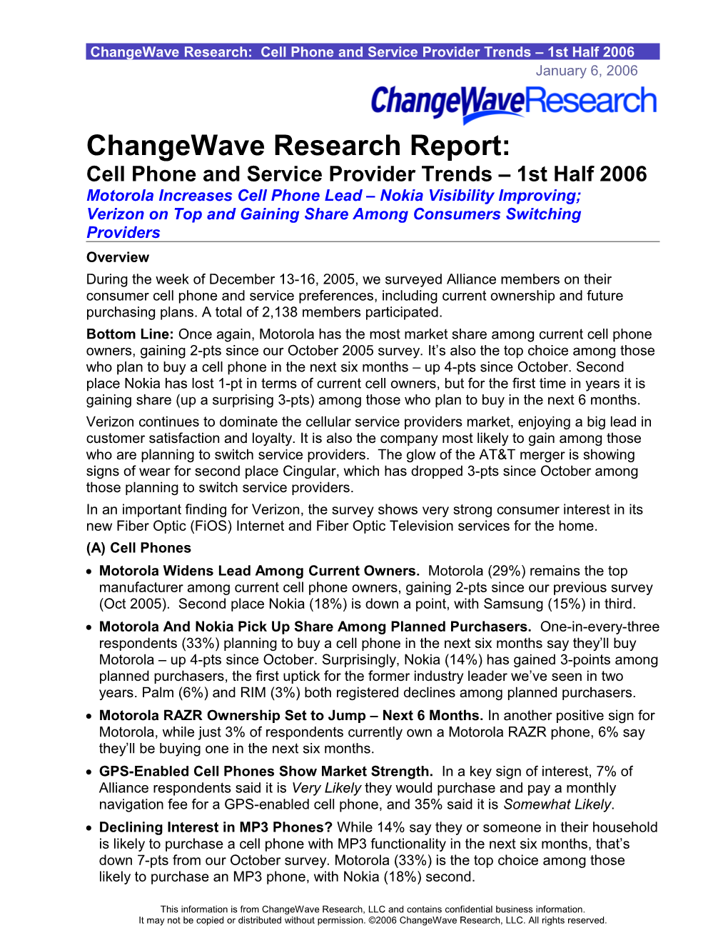 Changewave Research: Cell Phone and Service Provider Trends 1St Half 2006