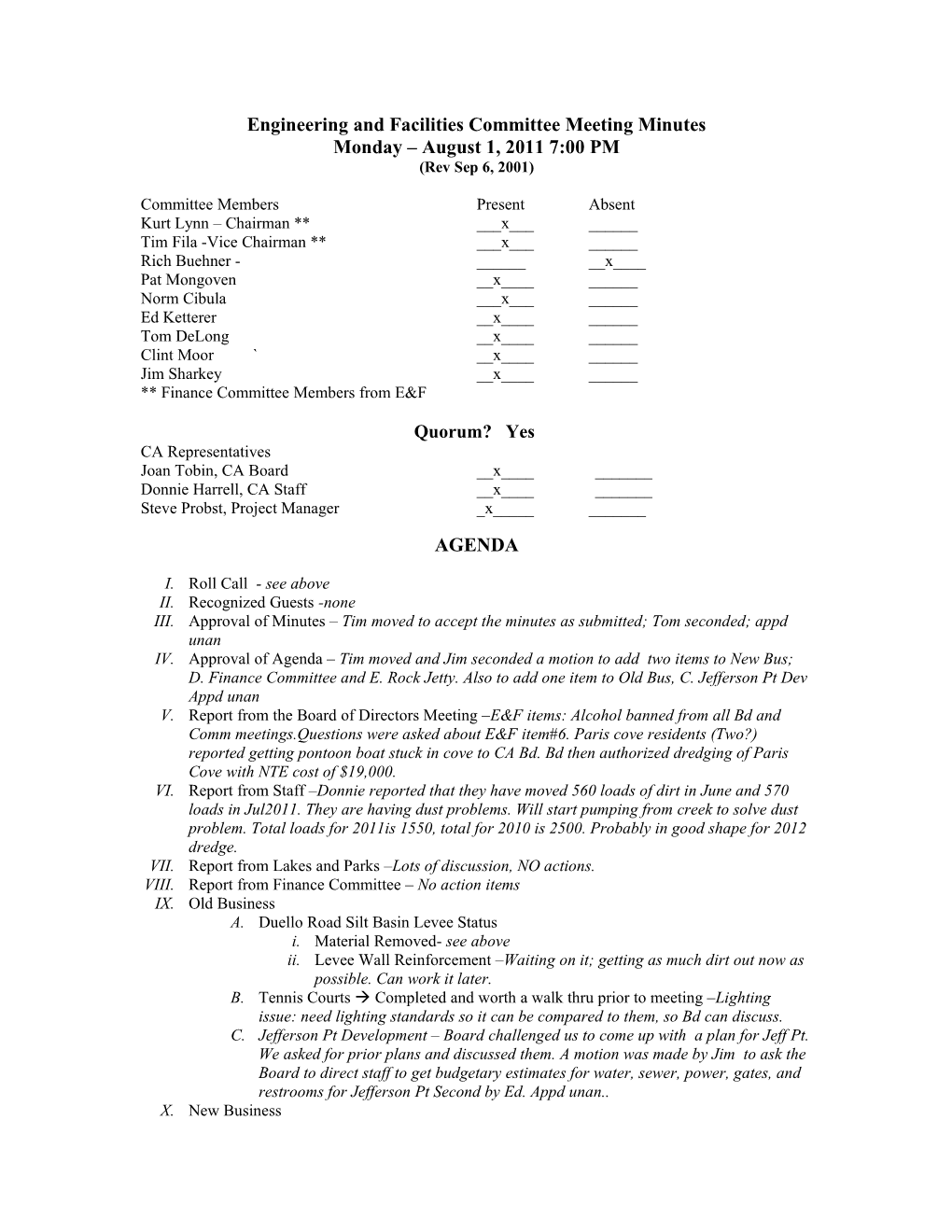 Engineering and Facilities Committee Meeting Agenda