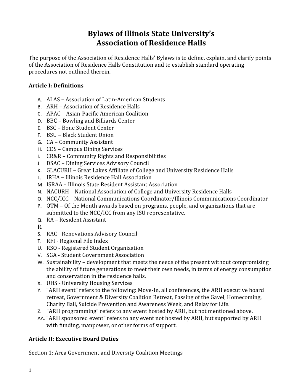 Bylaws of the Association of Residence Halls