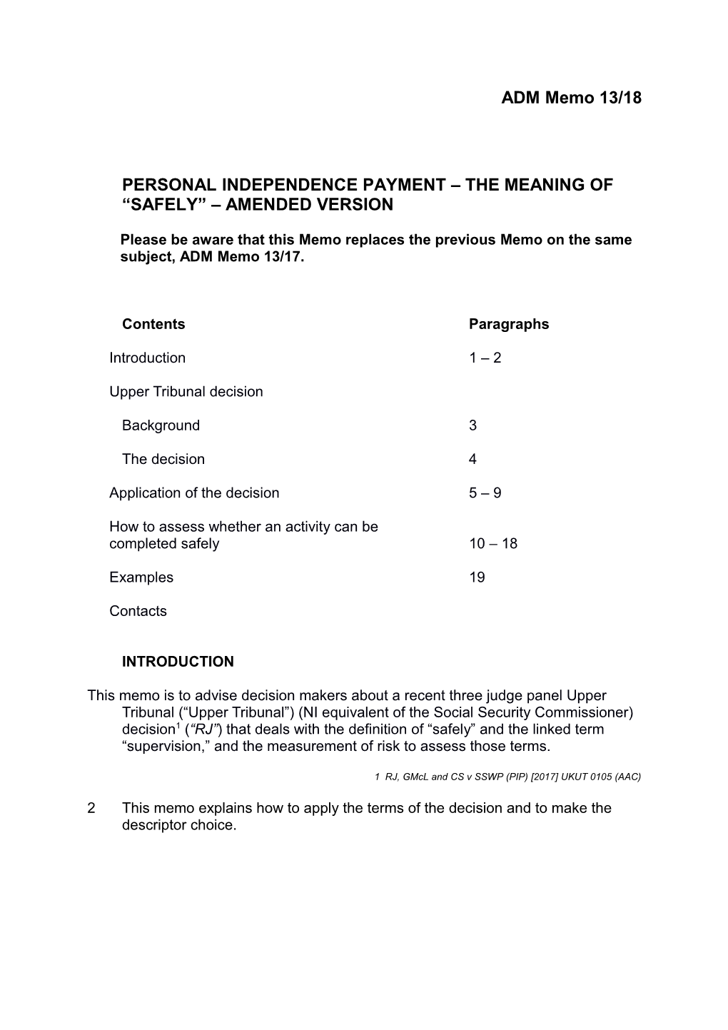 Personal Independence Payment the Meaning of Safely AMENDED VERSION