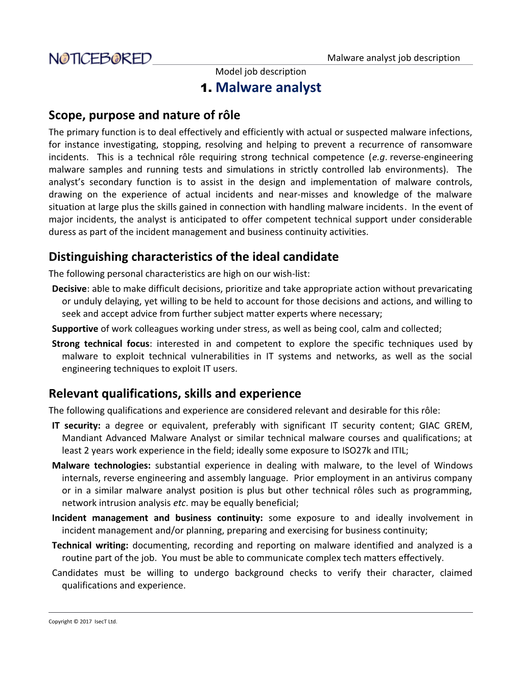 NB Model Job Description for Malware Analyst