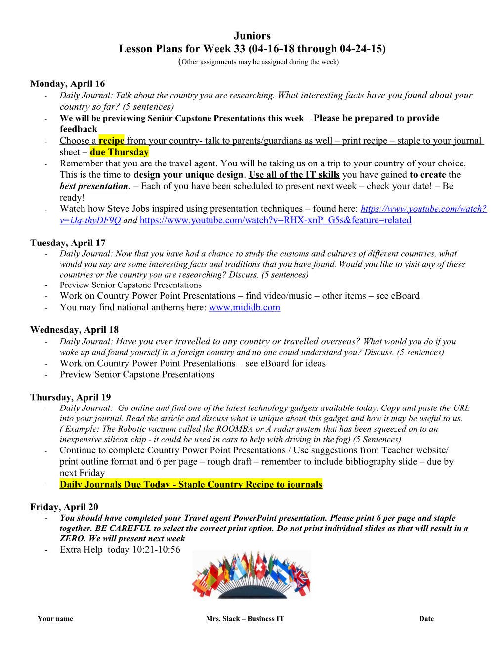 Lesson Plans for Week 33 (04-16-18 Through 04-24-15)