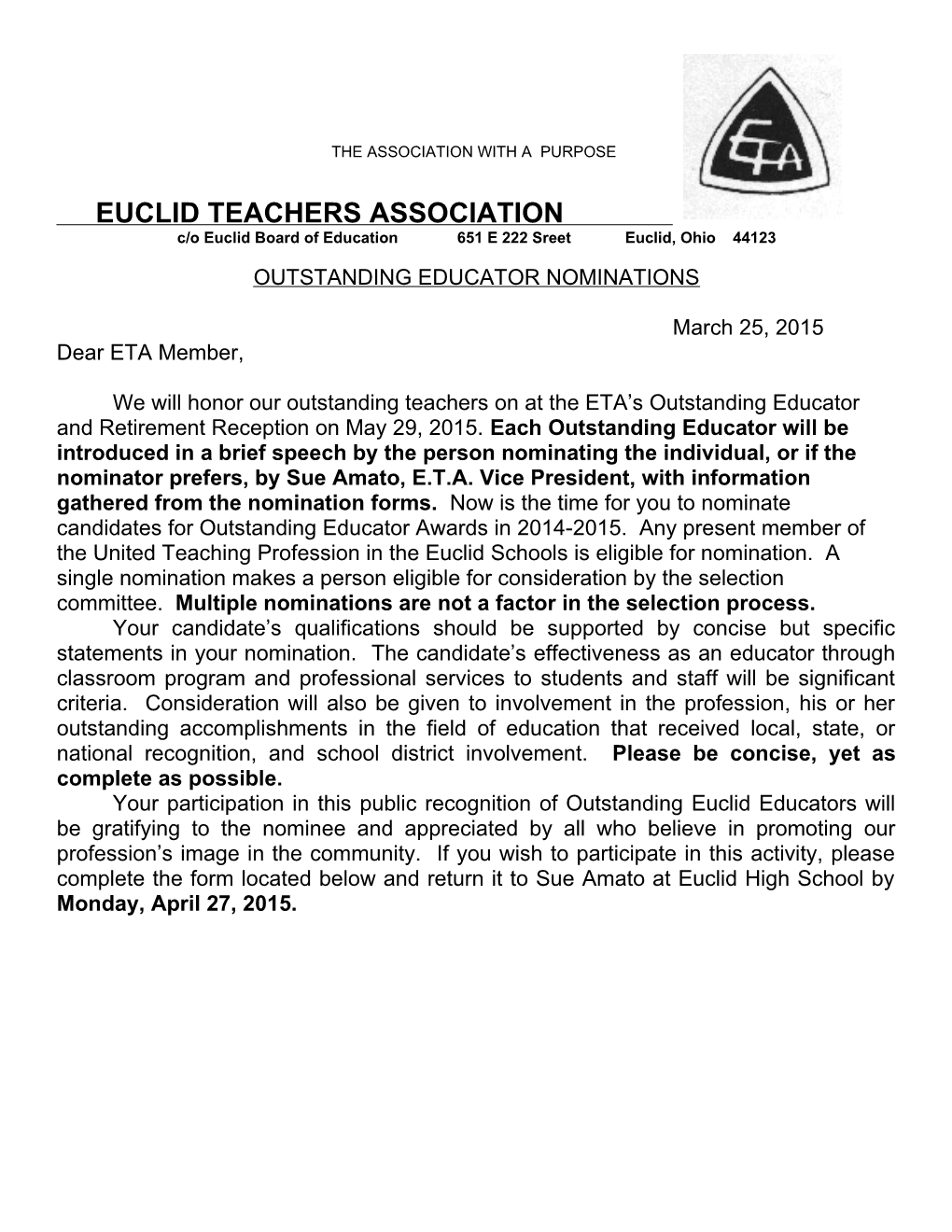 Eta Outstanding Educator Nomination Form