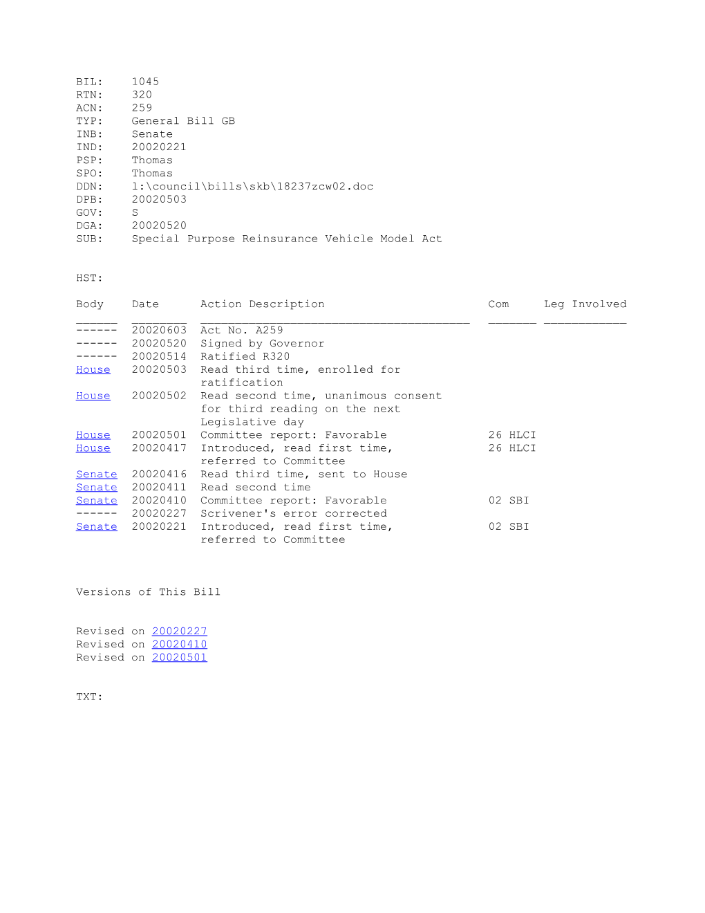 2001-2002 Bill 1045: Special Purpose Reinsurance Vehicle Model Act - South Carolina Legislature