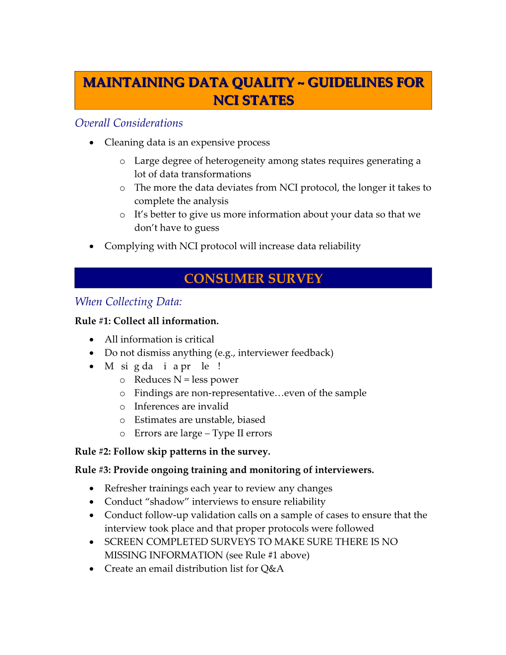 Maintaining Data Quality Guidelines for Nci States