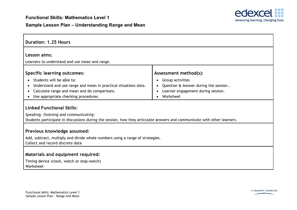 Sample Lesson Plans - Level 1 - Understanding Range and Mean