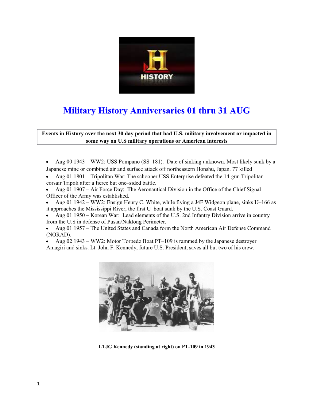 Military History Anniversaries01 Thru 31AUG