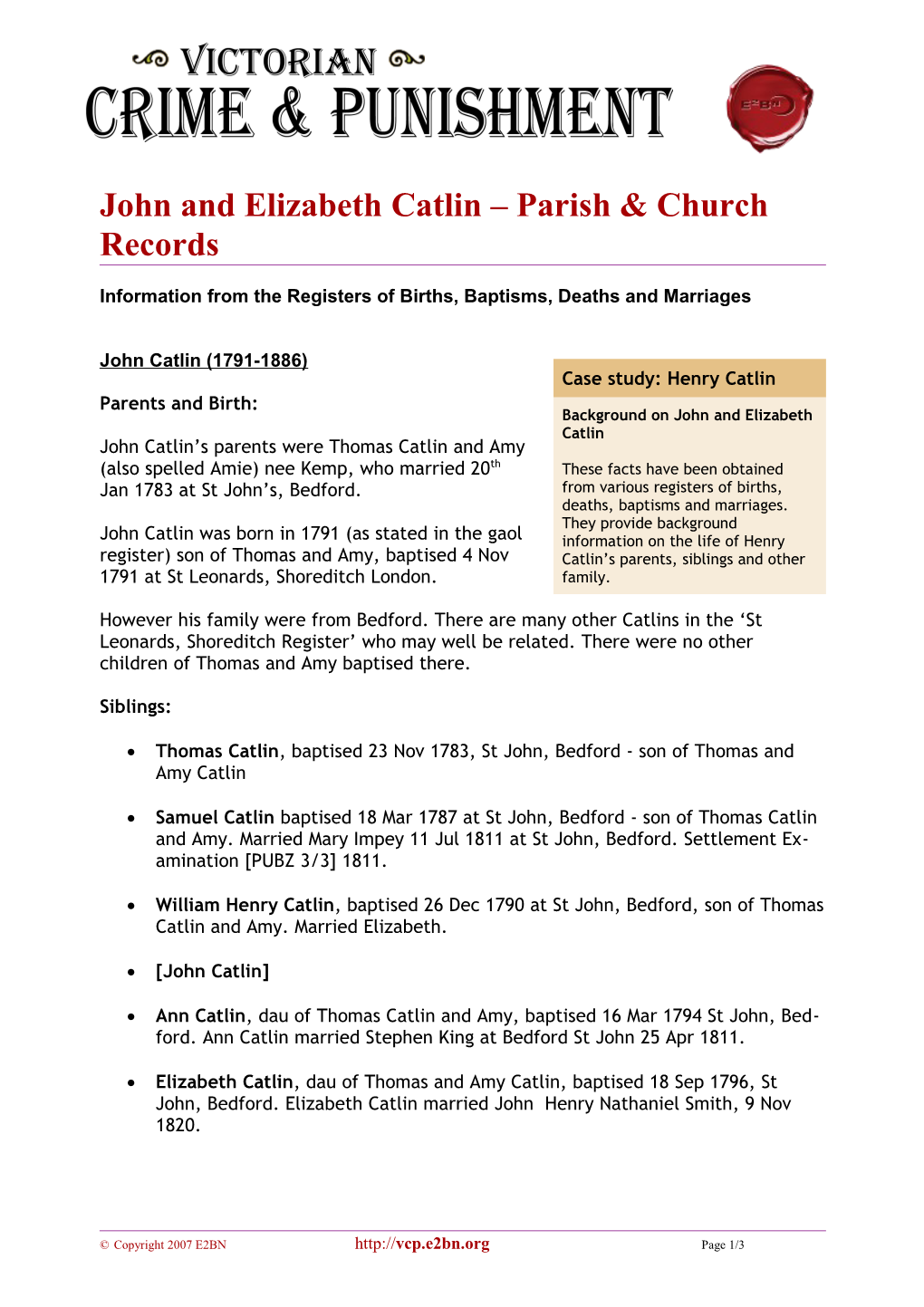 John and Elizabeth Catlin Parish & Church Records