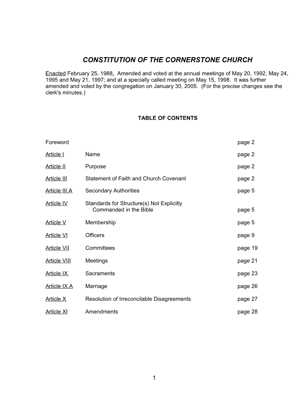 Constitution of the Cornerstone Church