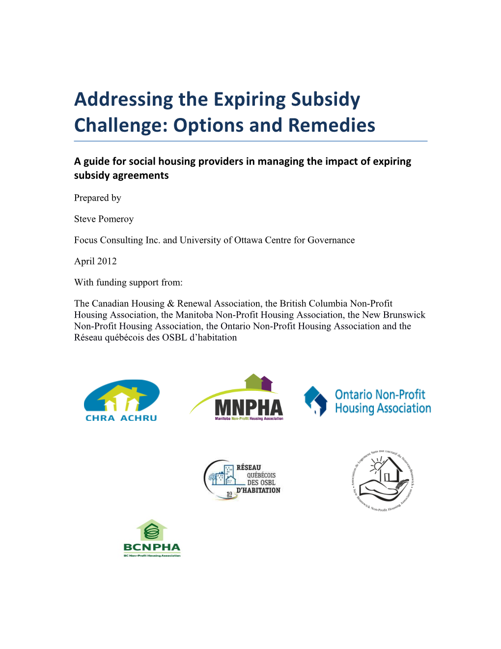 A Guide for Social Housing Providers in Managing the Impact of Expiring Subsidy Agreements