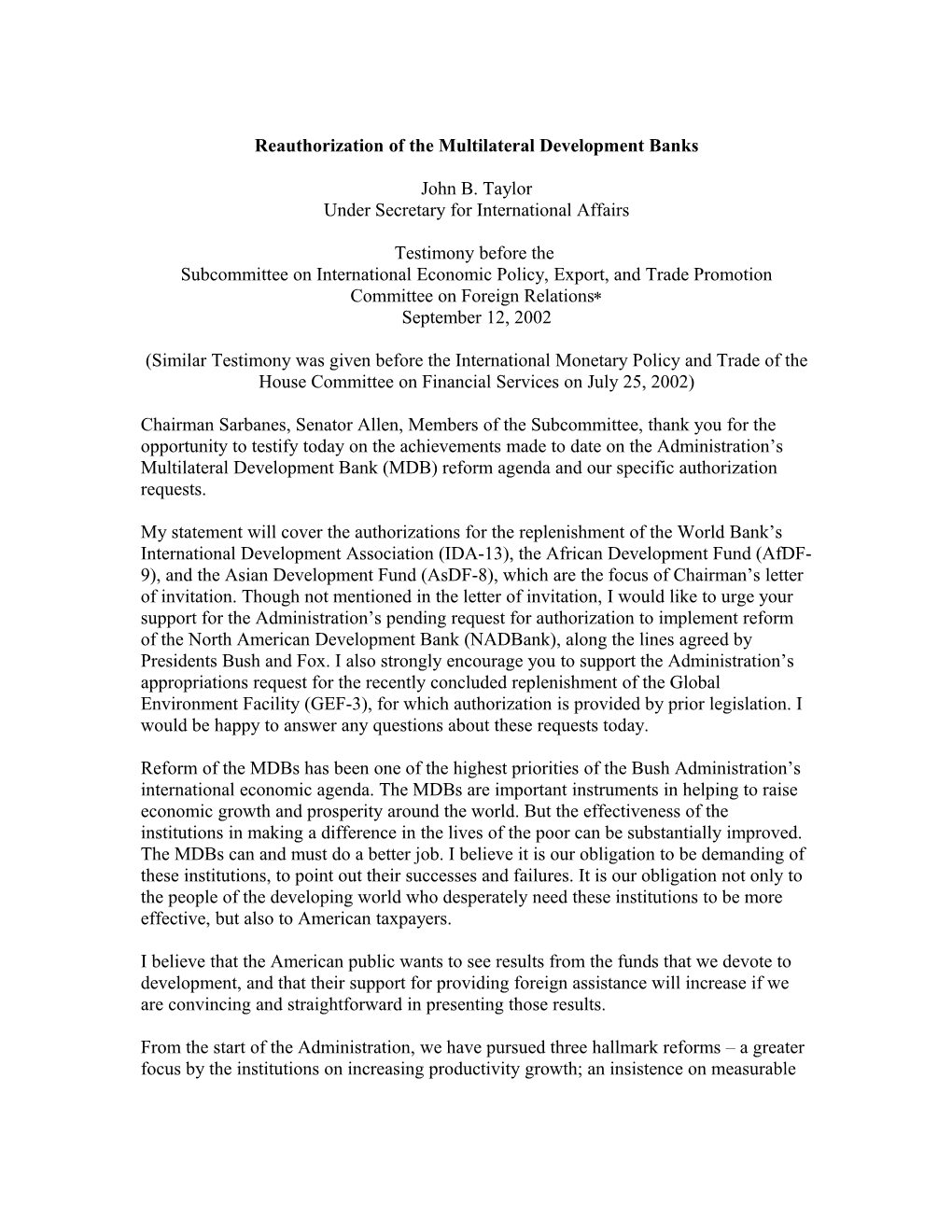Reauthorization of the Multilateral Development Banks