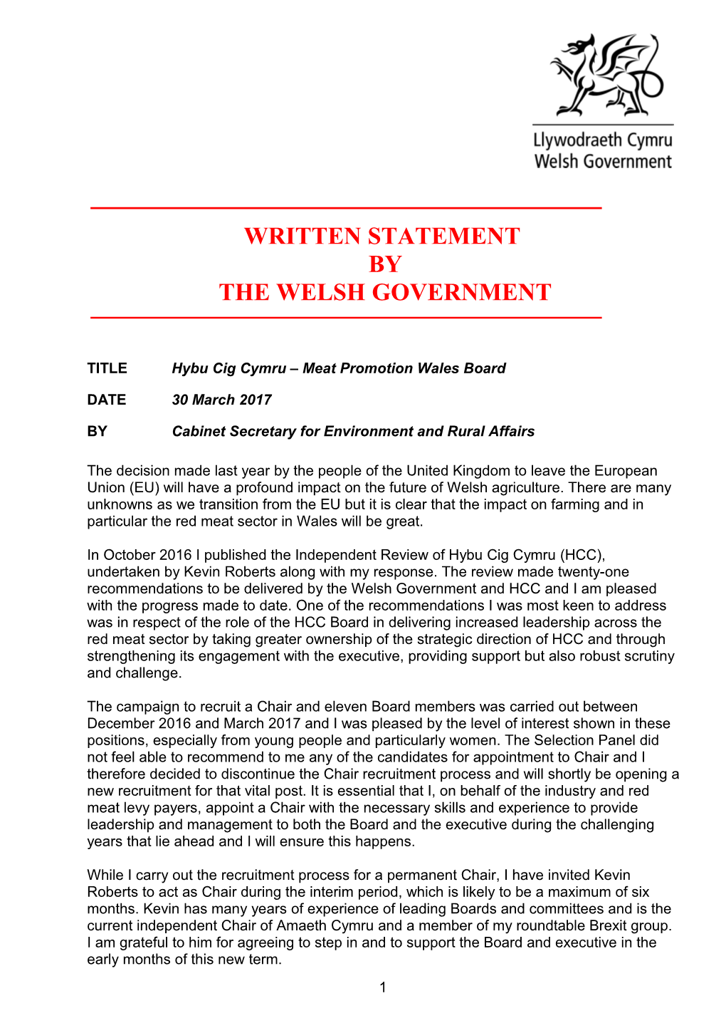 The Appointment of Chair to the Hybu Cig Cymru Meat Promotion Wales - Board