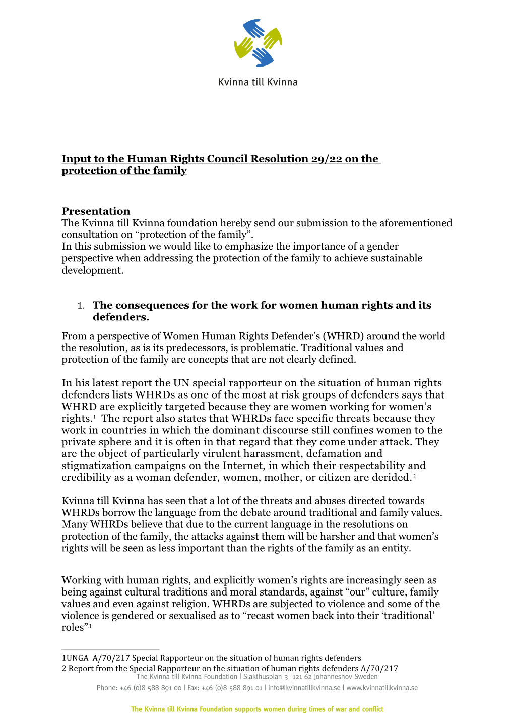 Input to the Human Rights Council Resolution 29/22 on the Protection of the Family