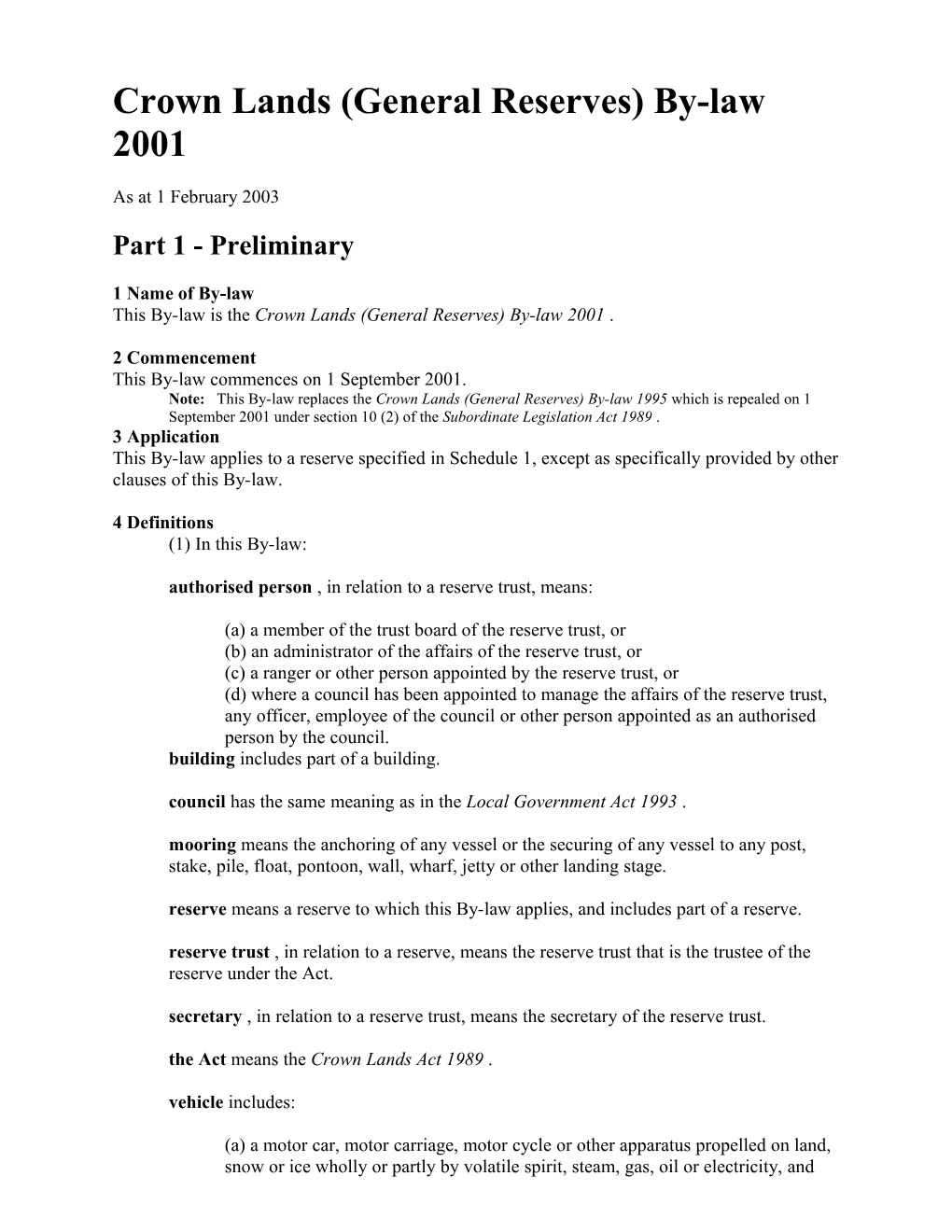 Crown Lands (General Reserves) By-Law 2001