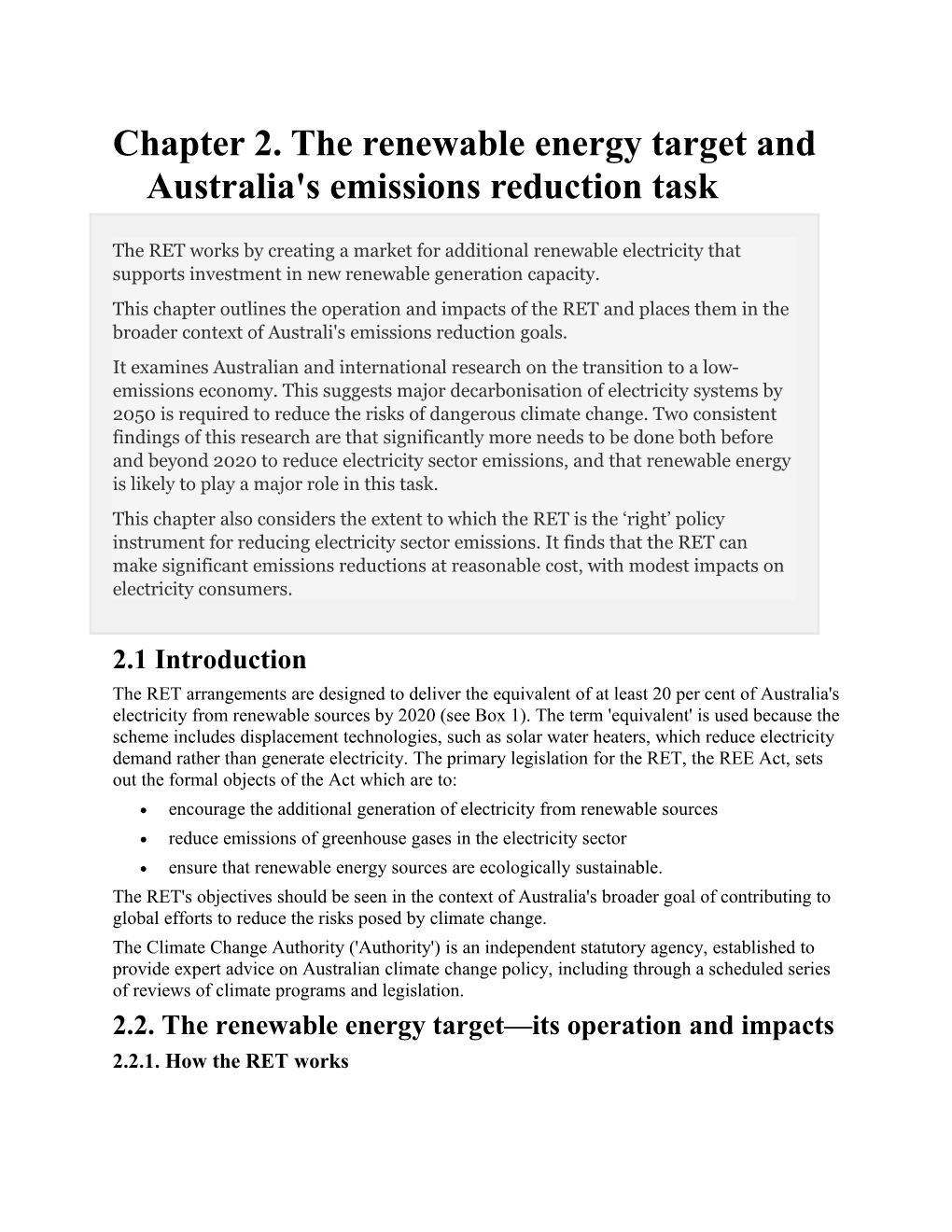 Chapter 2. the Renewable Energy Target and Australia's Emissions Reduction Task