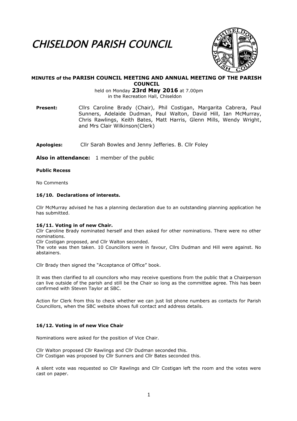 MINUTES of the PARISH COUNCIL MEETING and ANNUAL MEETING of the PARISH COUNCIL