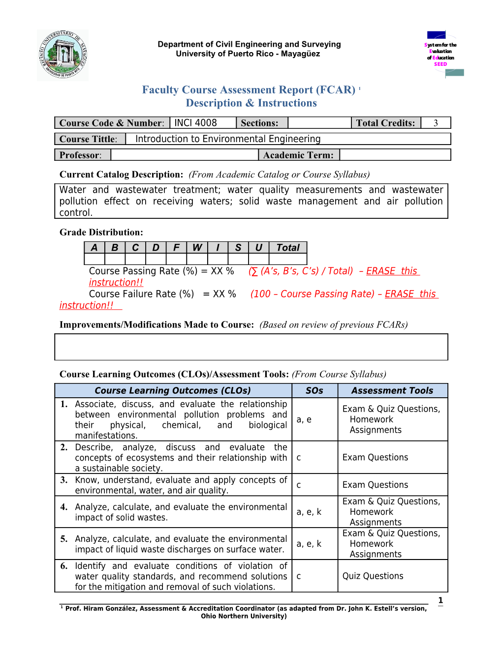 Faculty Course Assessment Report (FCAR) Description & Instructions 1