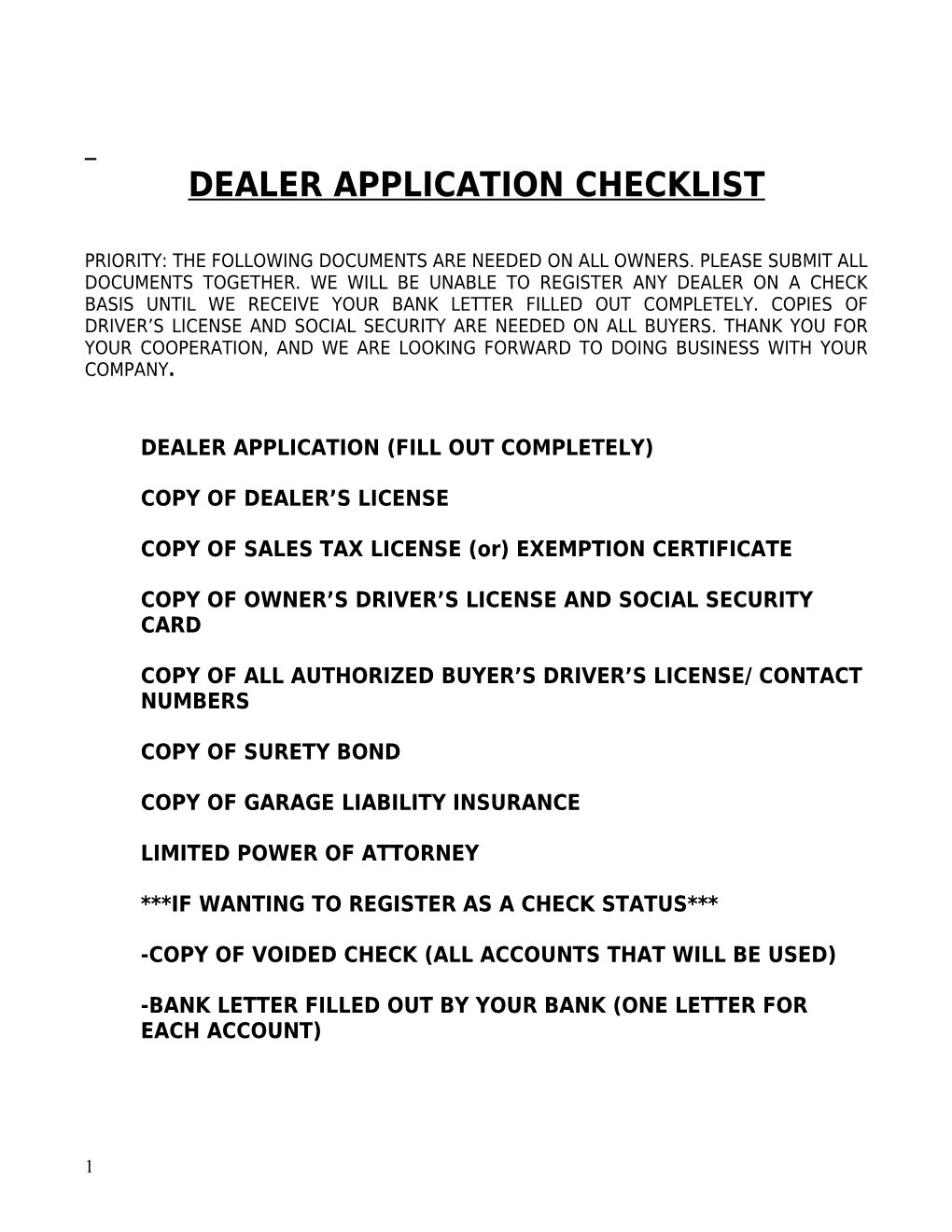 Dealer Application Checklist