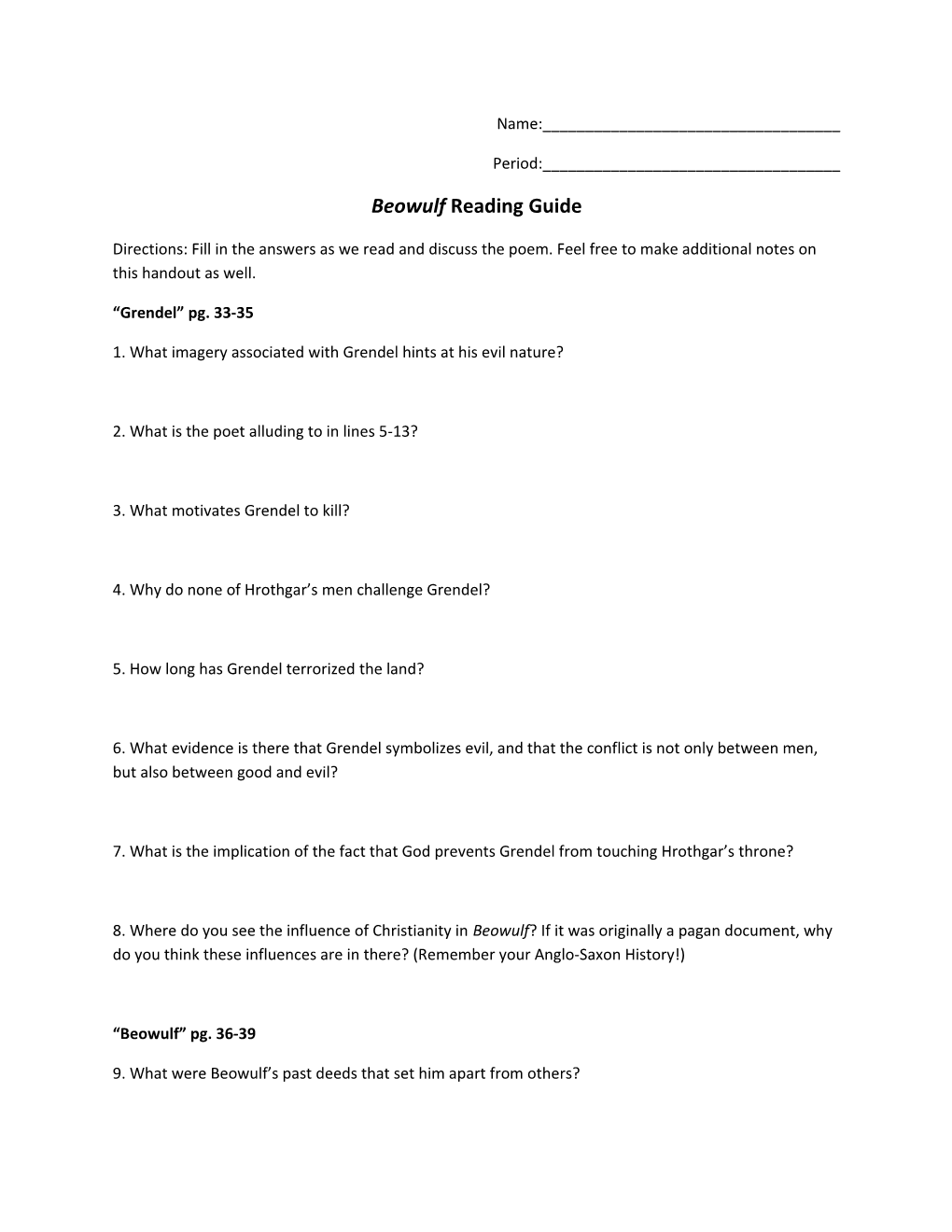 Beowulf Reading Guide